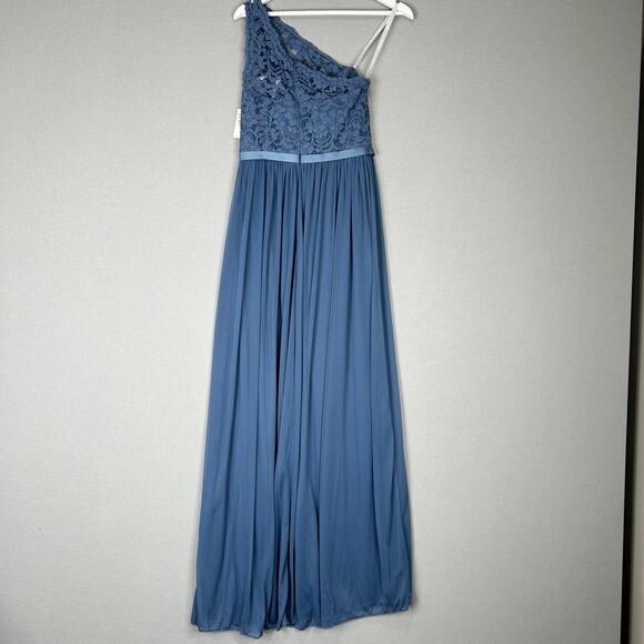 David's Bridal Dress Women 4 Steel Blue Lace One Shoulder Gown Bridesmaid Formal - Picture 7 of 13